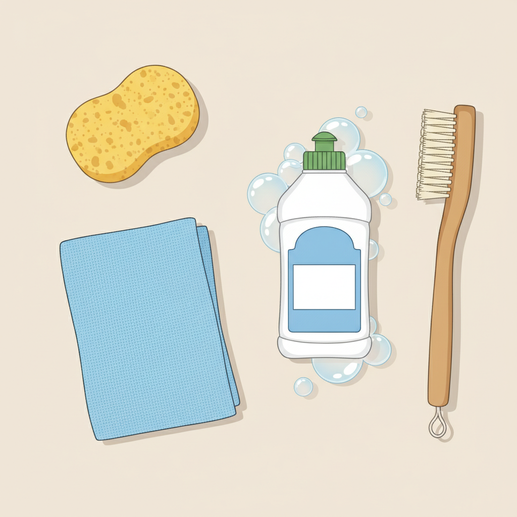 An overhead flat lay illustration showcasing the essential cleaning tools for aluminum pots. Include a soft, non-abrasive sponge, a microfiber cleaning cloth, and a dish brush with clearly soft bristles. Also feature a bottle of generic, mild dish soap, perhaps with gentle bubbles suggested around it. The items should be neatly arranged on a clean, light surface, creating an organized and inviting visual that prepares the reader for the cleaning process. Style: Clean, modern flat illustration with soft colors and clear outlines.