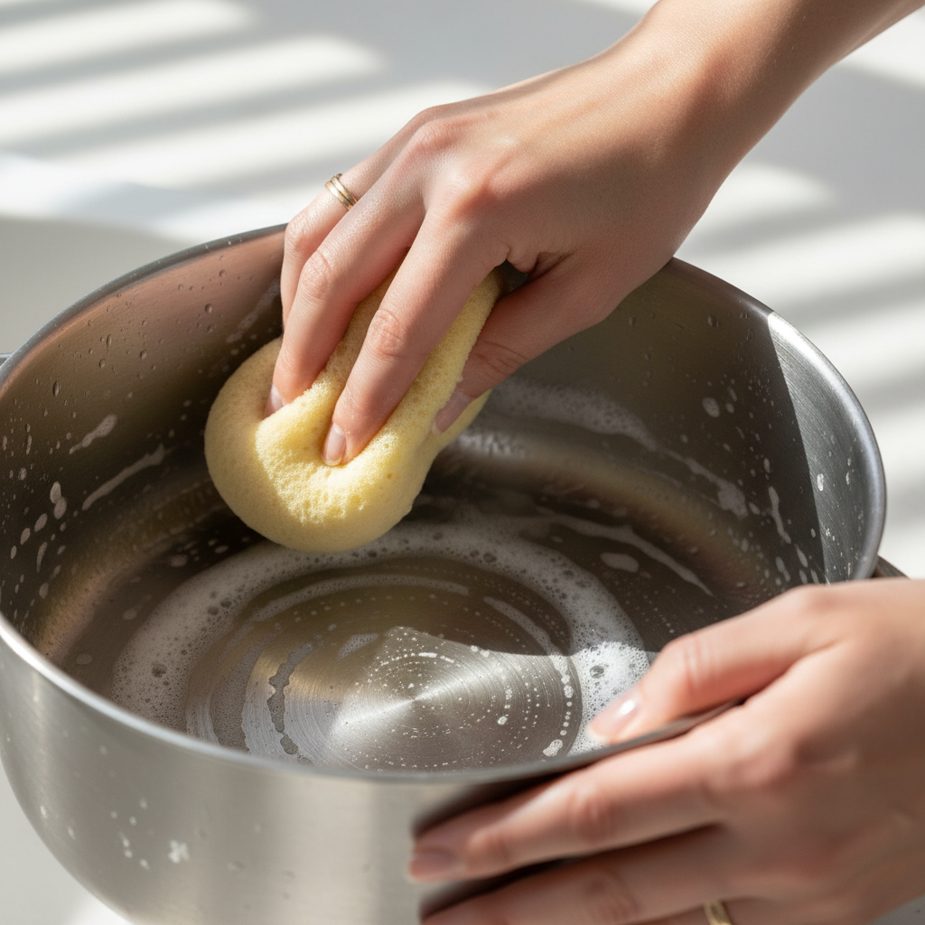 A close-up, dynamic shot focusing on hands gently cleaning an aluminum pot. One hand holds a soft, light-colored sponge, lightly scrubbing the inner surface of an aluminum pot, which is partially filled with water and mild, frothy soap suds. The other hand steadies the pot. The scene should convey carefulness and effectiveness, emphasizing the non-abrasive technique. The pot itself should have some faint, pre-cleaning marks to show the cleaning in progress. Style: Realistic, bright and clean professional photo with shallow depth of field, focusing on the action.