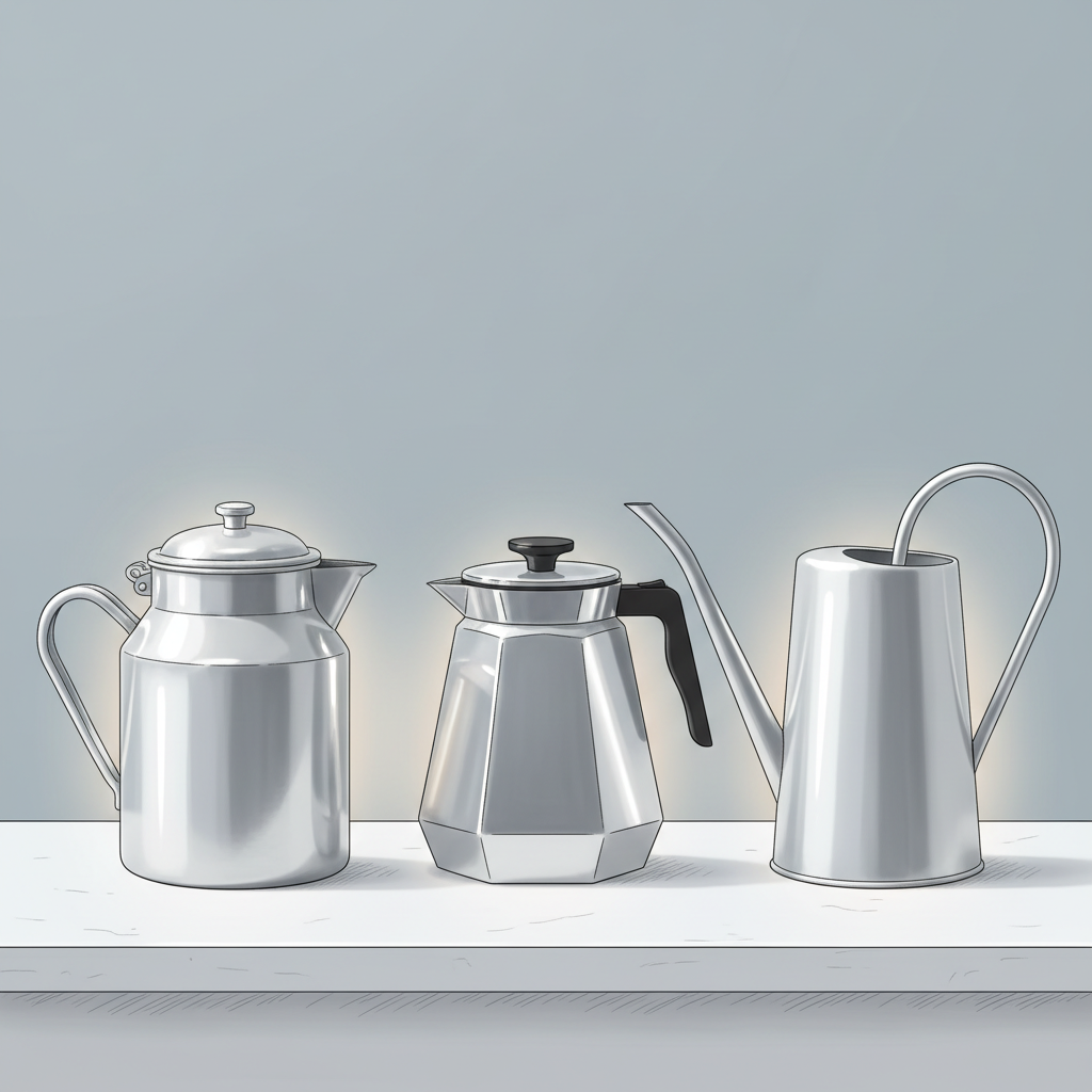 A stylized illustration depicting three different types of aluminum vessels, all sparkling clean and in excellent condition. Include a classic milk pot with a handle, a sleeker coffee machine pot, and a graceful watering can. Each item should have a subtle, inviting glow, symbolizing their restored cleanliness and functionality. Arrange them harmoniously on a minimalist countertop or shelf, suggesting their common material and the benefit of proper care. Style: Modern, elegant line art illustration with a clean, limited color palette and subtle metallic sheen.