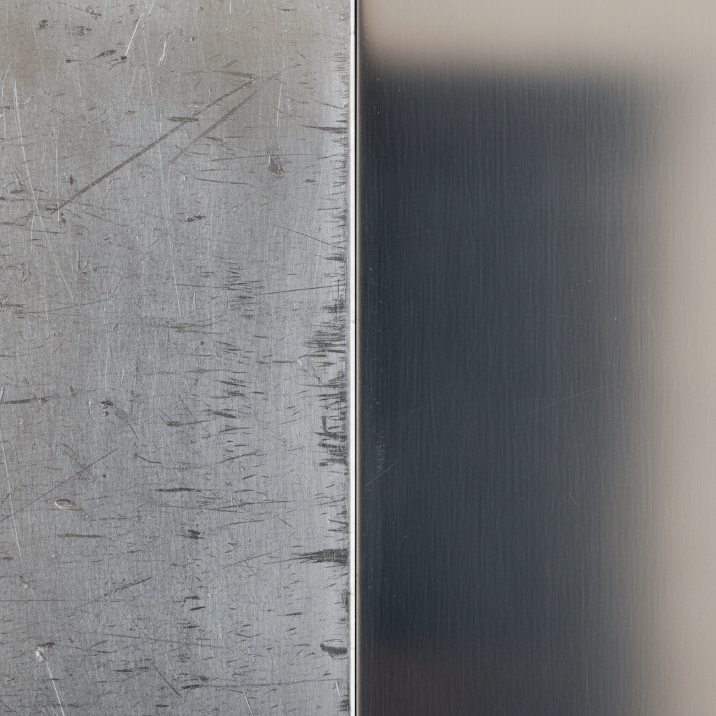 A high-definition, professional photograph showcasing a split aluminum surface. On the left side, the aluminum is marred by several visible scratches, varying in depth and direction, appearing dull and damaged. On the right side, the same aluminum surface is pristine, highly polished, and reflective, appearing brand new. The transition between the damaged and restored sections should be clear, emphasizing the transformative effect of scratch removal. Focus on the texture and reflectivity of the metal without any human interaction.