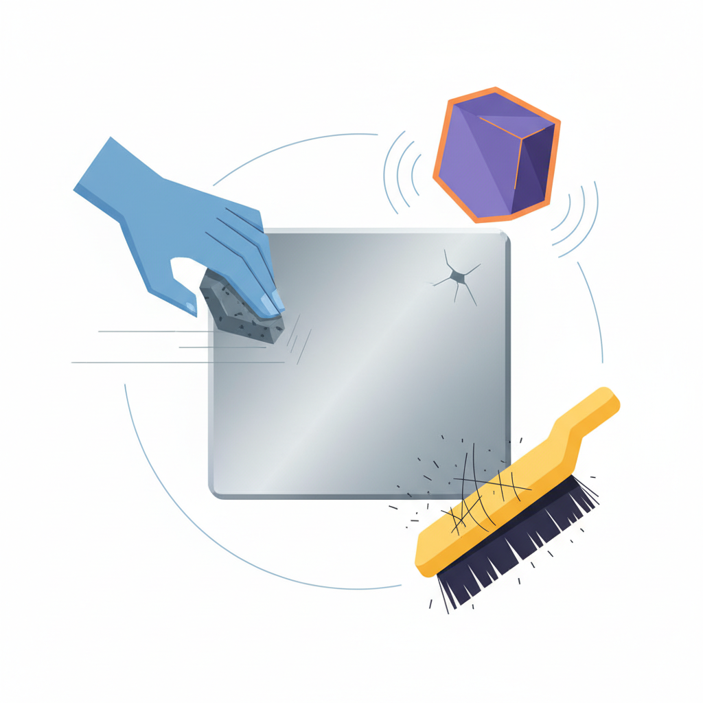 A clean, modern flat illustration depicting the common causes of scratches on an aluminum surface. The illustration features a stylized aluminum panel as the central element. Around it, three distinct visual metaphors represent different causes: an abstract hand dragging a small, abrasive object (representing friction), a falling object causing a small impact (representing shocks), and a coarse, bristly brush or sponge (representing improper cleaning). Each cause should be clearly distinguishable and subtly connected to the aluminum surface, rendered in a minimalist color palette with metallic tones.