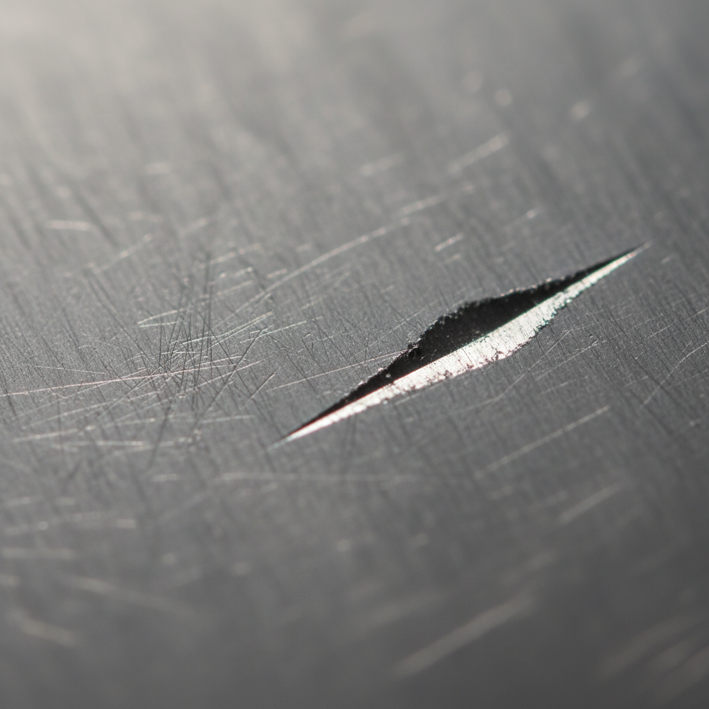 A macro, professional photo capturing a close-up of a brushed aluminum surface. The image should distinctly show two types of scratches: on one side, several very fine, almost invisible, superficial hairline scratches that reflect light subtly; on the other side, a single, clearly visible, deeper groove that indents the metallic texture. The focus is on the contrast between the minor surface imperfections and a more significant material breach, emphasizing the metallic sheen and texture of the aluminum. The lighting should be soft, highlighting the scratch details without harsh shadows.