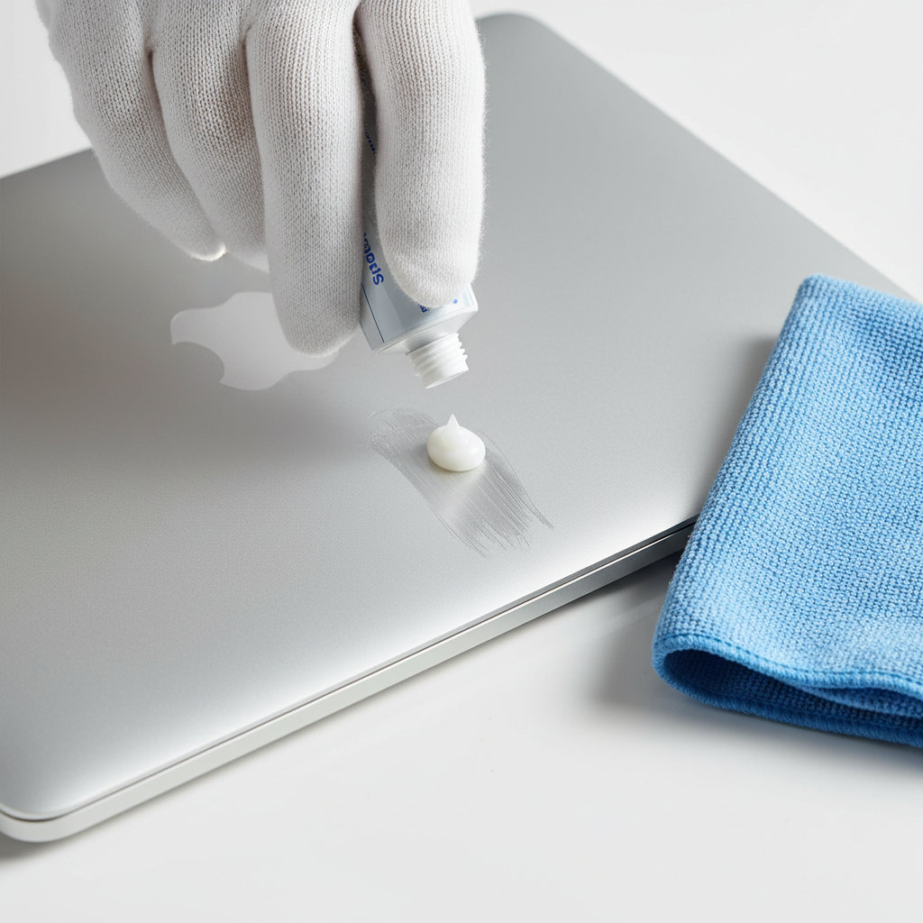 A clean, brightly lit, instructional style photograph depicting the 'toothpaste method' for scratch removal. A hand, wearing a clean, white cotton glove, gently applies a small blob of white toothpaste onto a section of a scratched aluminum object, like a sleek laptop lid or a bicycle frame. A soft, microfiber cloth is held nearby, ready for polishing. The aluminum surface should show some subtle, light scratches that are in the process of being treated. The focus is on the action and the tools, with a minimalist background to keep attention on the process.