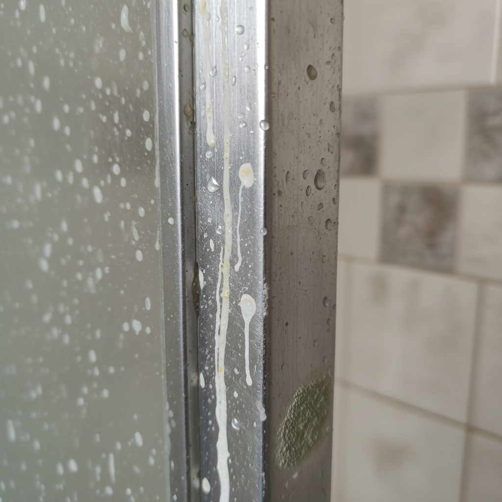 A close-up view of an aluminum shower frame, clearly showing signs of neglect. The frame is dull and speckled with noticeable white limescale deposits, along with visible streaks of dried soap scum. A small patch of light greenish-grey oxidation is subtly visible in a corner. The overall impression is one of a dirty, unmaintained surface in a humid bathroom environment, emphasizing the need for thorough cleaning. Professional photo style with natural, somewhat muted lighting.