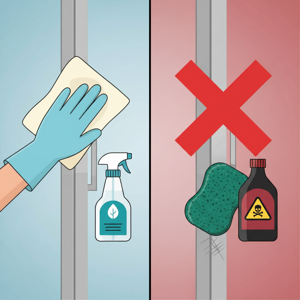 An infographic-style illustration contrasting cleaning methods for an aluminum shower frame. On one side, a gentle hand in a protective glove carefully wiping a segment of the frame with a soft microfiber cloth, next to a bottle of a mild, appropriate cleaning solution. On the other side, a bold 'X' mark overlays an abrasive scrubbing pad and a bottle with a subtly depicted warning symbol, indicating harsh chemicals. The background is clean and minimalistic, conveying safe vs. unsafe methods. Flat illustration style.