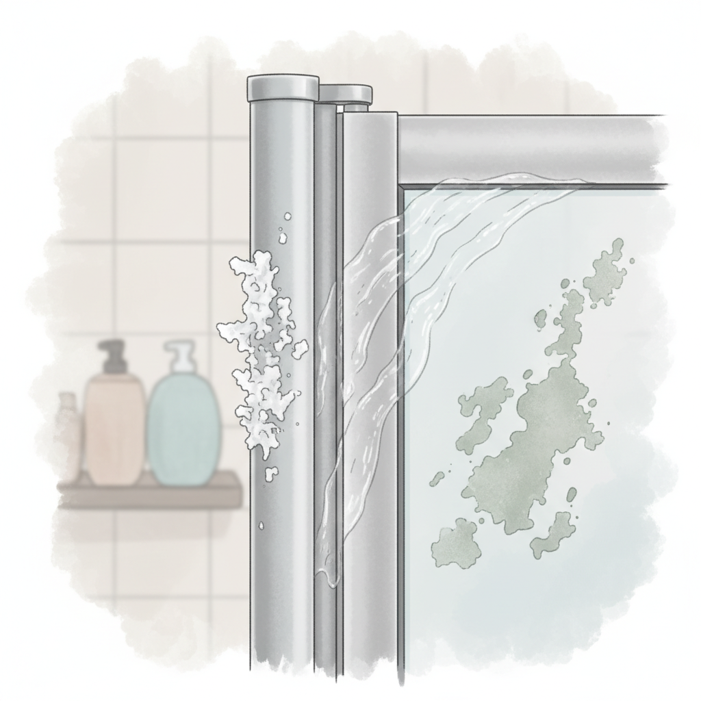 A detailed macro illustration focusing intently on common issues found on an aluminum shower frame. The image highlights distinct visual representations: a cluster of white, chalky mineral deposits (limescale) clinging to the surface, translucent and greasy streaks (soap scum), and a slightly mottled, discolored greyish-green area indicating early stages of oxidation or corrosion. The background is a soft, out-of-focus bathroom environment, keeping the viewer's attention solely on the frame's problems. Clean vector illustration style.