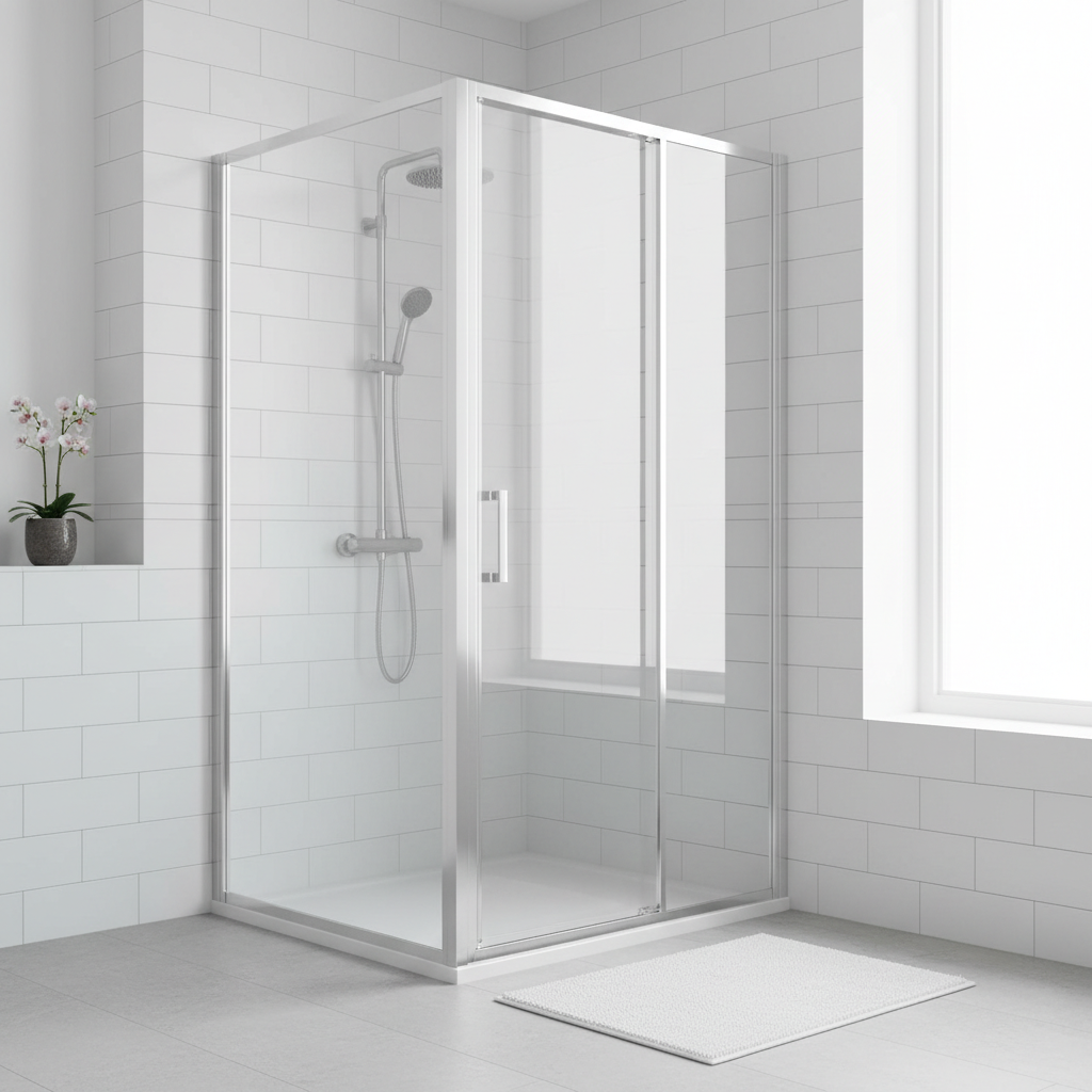 A professional, bright photo of a shower enclosure featuring a meticulously clean and sparkling aluminum frame. The frame gleams brilliantly, reflecting the ambient light and appearing perfectly free of any blemishes, water spots, or dullness. The adjacent glass panels are crystal clear, complementing the pristine state of the frame and contributing to an overall impression of hygiene and renewed appearance in a modern, well-maintained bathroom setting.