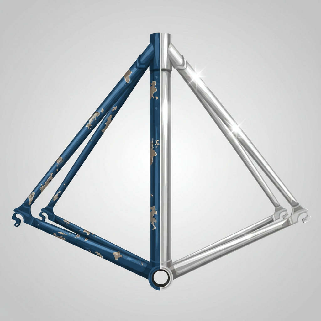 An aluminium bicycle frame visually split down the middle. One half is covered in dull, peeling, chipped dark blue paint, showing signs of wear and age. The other half is pristine, polished bare aluminium, gleaming with a metallic sheen, reflecting light. The transition between the old and new surfaces should be sharp and illustrative. The background is neutral and clean. Stylized infographic illustration with clean lines and a vibrant contrast, focusing on clarity and visual impact.