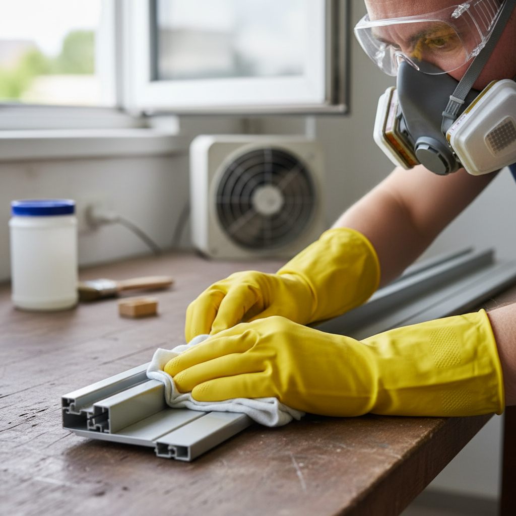 A close-up of a person's hands, wearing thick chemical-resistant yellow gloves, carefully wiping down an aluminium window frame with a white rag on a sturdy workbench. The person is also wearing clear safety goggles and a gray respirator mask. In the background, there's a subtle hint of an open window or a ventilation fan, indicating good airflow. Tools like a small brush and a container are visible nearby but slightly out of focus. Realistic, professional photography with a shallow depth of field, emphasizing safety and preparation.