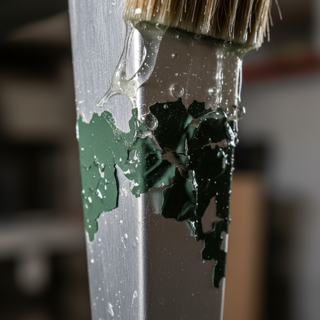 A dynamic, macro-style close-up shot of a section of an aluminium furniture leg being treated with a chemical paint stripper. A translucent, thick gel-like substance is being applied with a brush, and patches of old, dark green paint are visibly bubbling, crinkling, and lifting away from the smooth, underlying metallic surface. Small droplets of the stripper are visible, and the texture difference between the intact paint, the reacting paint, and the bare aluminium is distinct. High-resolution photo with dramatic lighting to highlight the chemical reaction and texture changes.