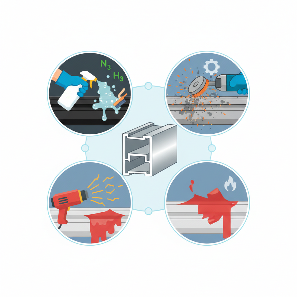A central, stylized aluminium profile, resembling a simplified cross-section of a frame, depicted as clean and bright. Around it, three distinct visual elements represent different stripping methods: 1) A hand in a protective glove holding a spray bottle or brush applying a liquid onto a surface (chemical method). 2) A small sanding disc or wire brush creating minimal sparks against a metallic surface (mechanical method). 3) A heat gun radiating warmth towards a painted surface, showing subtle heat waves (thermal method). The elements should be distinct but visually connected to the central frame. Modern flat illustration or isometric infographic style, using a limited color palette with clear symbols.