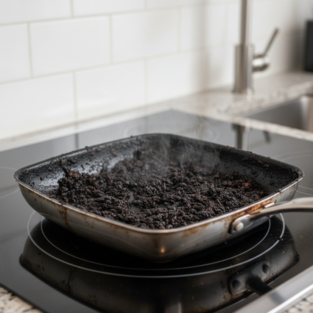 A close-up, professional photo of a severely burnt stainless steel frying pan resting on a modern ceramic stovetop. The pan's interior is heavily coated with dark, thick, crusty food residues, creating a challenging, almost impossible-to-clean appearance. Subtle wisps of steam might be visible, suggesting recent use and the difficulty of the mess. The focus is entirely on the burnt interior, highlighting the common cooking dilemma the article addresses, conveying a sense of frustration for the home cook. The background features softly blurred kitchen elements.