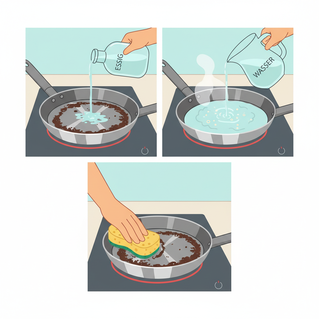 A clean, multi-panel flat illustration depicting the 'Essig-Wasser-Methode' for cleaning a burnt pan. Panel 1 shows a hand pouring clear liquid (representing vinegar and water) from separate containers into a stainless steel pan with moderate burnt residue on a stovetop. Panel 2 depicts the pan on the stovetop, with the liquid gently simmering and small bubbles indicating the loosening of burnt particles. Panel 3 shows a hand easily scrubbing the cooled pan with a soft sponge, revealing a significantly cleaner surface underneath the remaining residue. Use a bright, approachable color palette.
