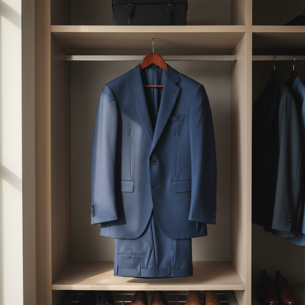 A professional photo of a perfectly tailored, dark blue suit hanging neatly in an open closet, with sunlight faintly illuminating it. The suit looks pristine, well-maintained, and ready to wear for an important occasion. Emphasize the quality of the fabric and the crispness of the lines, suggesting an 'as new' appearance. The background should be a subtle, modern closet interior.