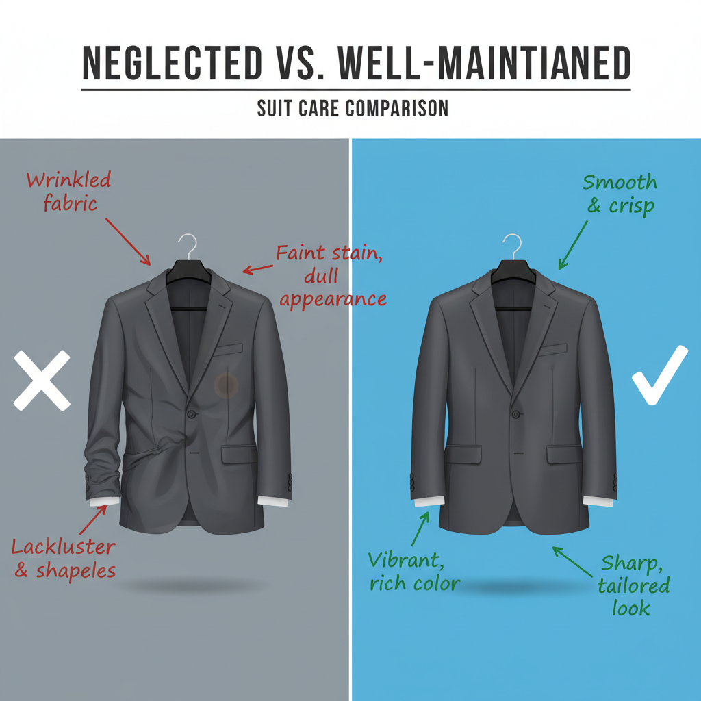 An infographic-style illustration contrasting two identical suits side-by-side. One suit is clearly neglected: wrinkled, with a faint stain, and a slightly dull appearance. The other suit is vibrant, pressed, clean, and looks sharp. Arrows and subtle text bubbles highlight the negative aspects of the neglected suit and the positive aspects of the well-maintained suit (e.g., 'Wrinkled fabric' vs. 'Smooth & crisp', 'Dull color' vs. 'Vibrant'). Use a clean, modern design with clear visual distinctions.
