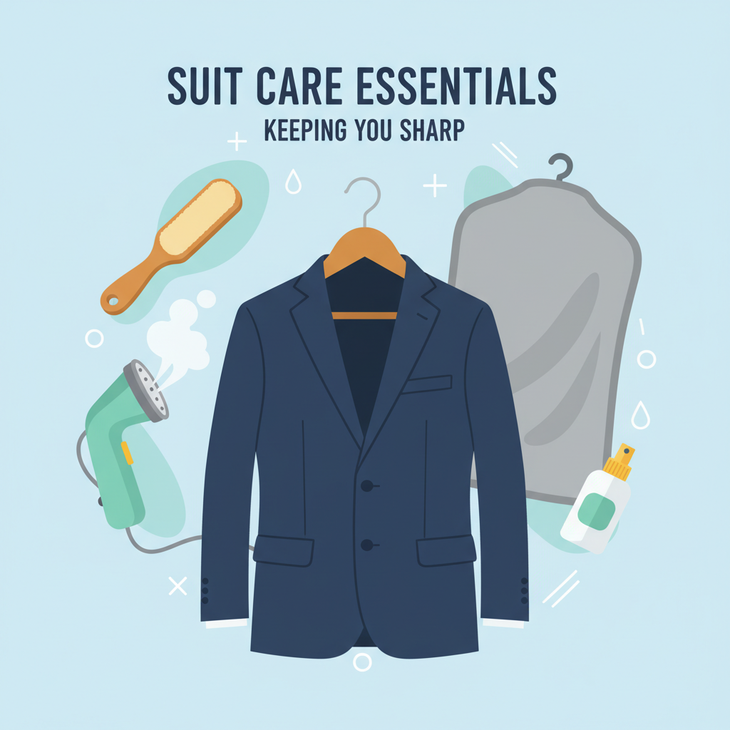 A flat illustration depicting various elements of suit care arranged around a central, well-maintained suit jacket. These elements include a clothes brush, a garment steamer, a hanger designed for suits, a small stain remover spray, and a breathable garment bag. The style should be clean, friendly, and easy to understand, with a focus on simplicity and bright colors, suitable for a blog post.
