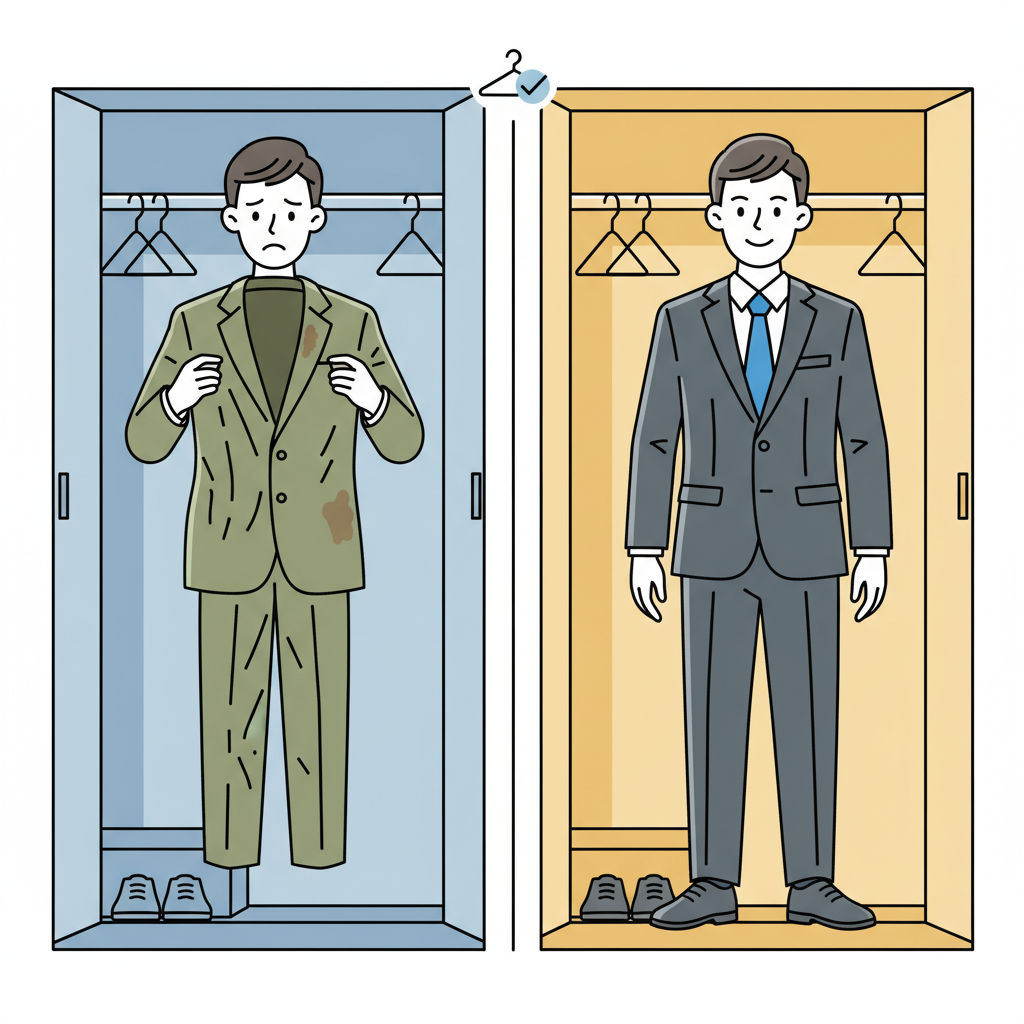 A split-screen or 'before and after' flat illustration. On one side, a distressed person looks at a wrinkled, slightly stained suit in their closet, conveying disappointment. On the other side, the same person smiles confidently, wearing a perfectly clean, pressed suit, looking sharp and ready for an event. The background for both scenes should be a simple wardrobe setting, highlighting the transformation and the feeling of confidence that a well-cared-for suit provides.