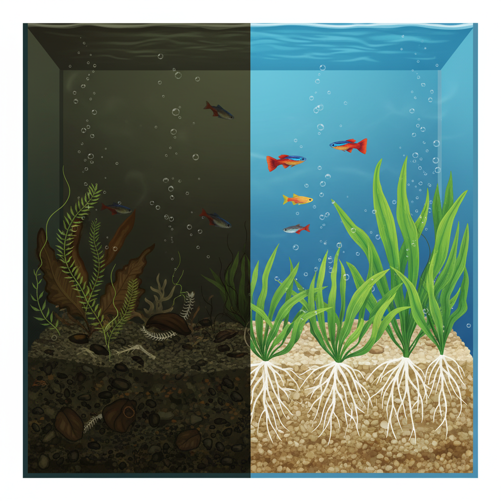 A vibrant, split-screen illustration contrasting two aquarium bottom sections. On the left, a neglected, murky gravel bed with dark detritus, rotting plant matter, and cloudy water. On the right, a pristine, clean gravel bed with clear water, healthy plant roots visibly anchored, and a few small, lively fish swimming above. The contrast should be stark, highlighting the benefits of cleanliness. Style: Detailed digital illustration, clean lines.