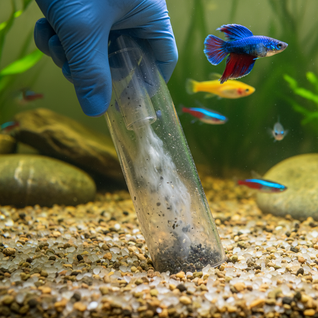 A close-up, dynamic shot of a hand operating an aquarium gravel vacuum within a freshwater tank. The siphon tube is partially submerged in the substrate, clearly showing dark detritus and waste particles being drawn upwards through the transparent tube, while the surrounding gravel appears cleaner. Water swirls gently around the tool. A few colorful, healthy aquarium fish swim calmly in the background. Style: High-resolution professional photo, crisp focus on the cleaning action.
