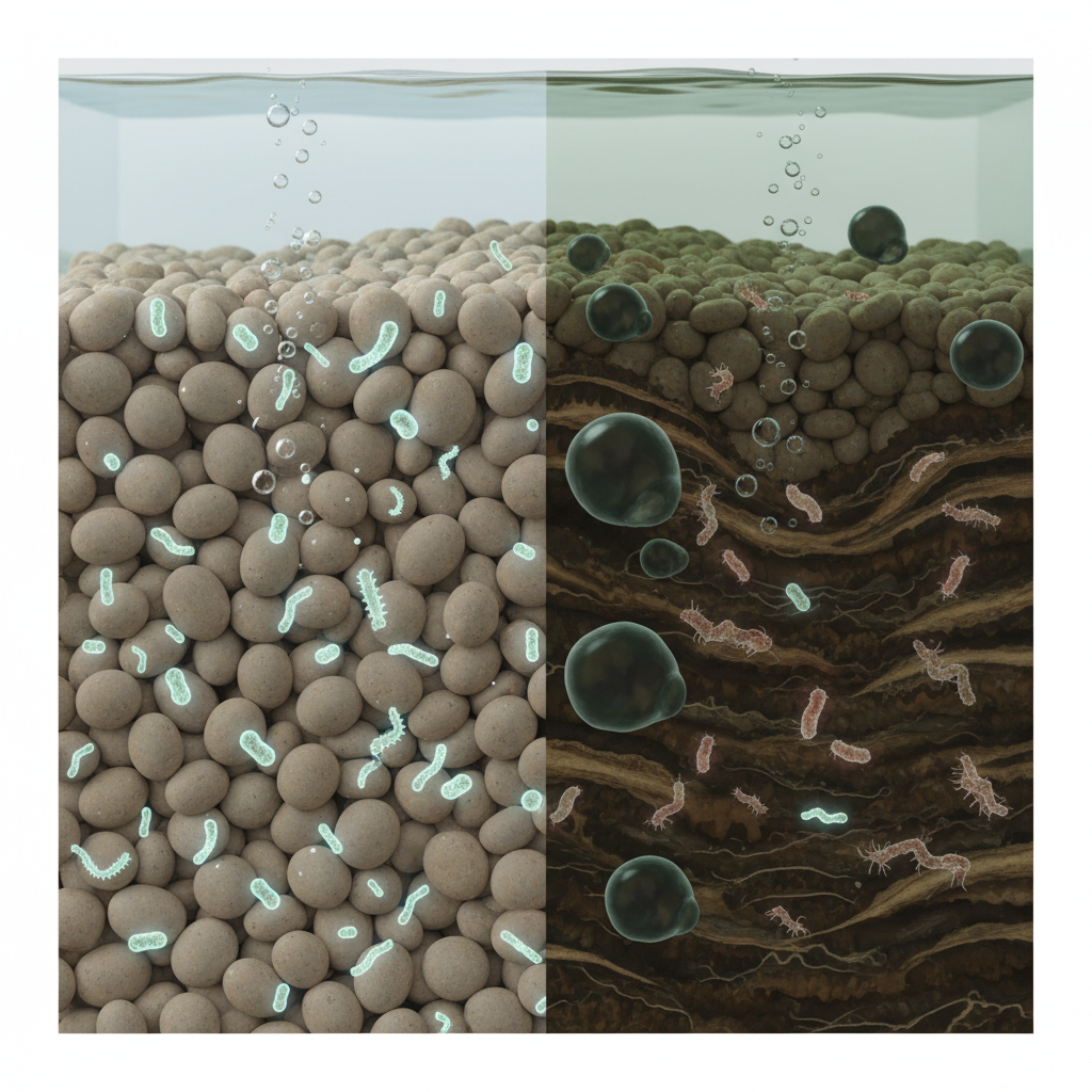 An infographic-style cross-section illustration of aquarium substrate, divided into two distinct zones. On one side, depict clean gravel particles with numerous small, beneficial bacteria (represented as active, healthy microscopic organisms) thriving, indicating a healthy ecosystem. On the other side, show the same gravel filled with dark, decomposing organic matter, harmful gas bubbles, and fewer, stressed bacteria. Style: Scientific illustration with a clean, informative aesthetic, no labels.