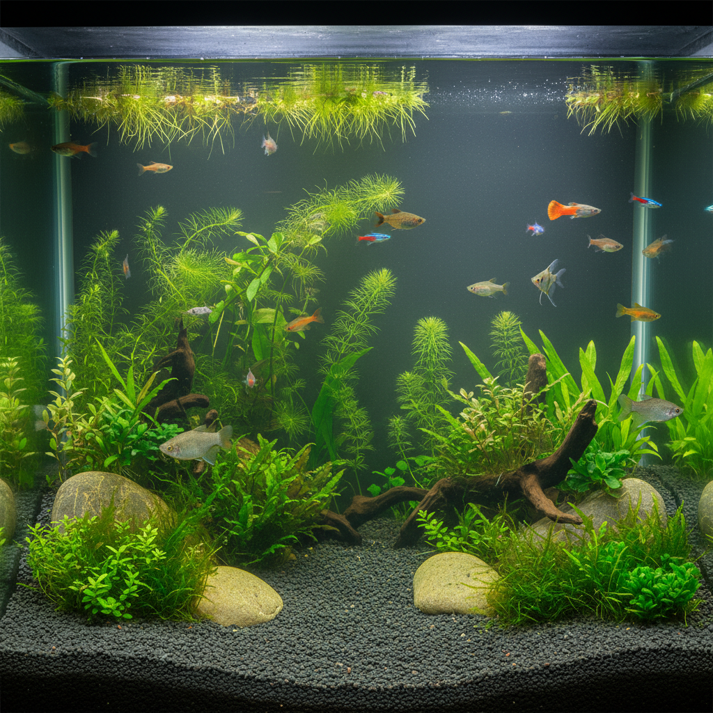 A breathtaking, wide shot of a perfectly maintained freshwater aquarium. The water is crystal clear, revealing a vibrant ecosystem. Healthy, lush green plants grow robustly from an immaculately clean gravel substrate. A diverse group of colorful, active fish are swimming gracefully. Soft, natural light illuminates the tank, emphasizing the overall harmony and beauty resulting from proper substrate care. Style: Serene, professional wide-angle photograph.