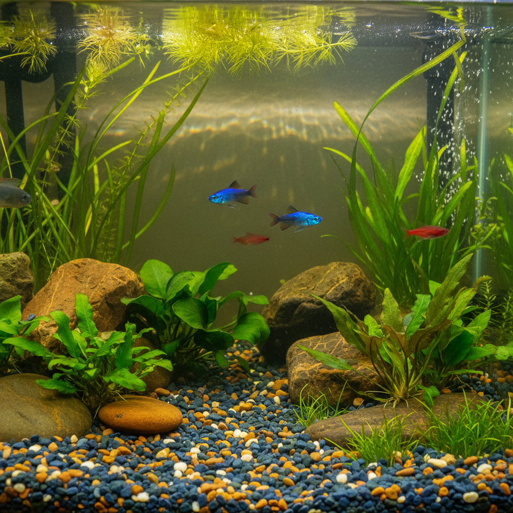 A vibrant, professional close-up photo of a healthy aquarium. The gravel is clean and sparkling, with various textures and colors visible. Lush green aquatic plants are rooted firmly in the substrate, and a few colorful, happy fish swim gracefully above. The water is crystal clear, reflecting soft, natural light from above.