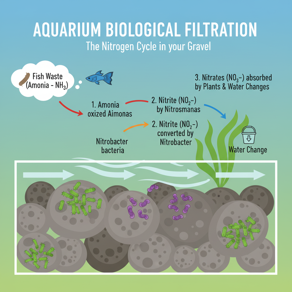 An infographic-style illustration depicting the biological filtration process within aquarium gravel. Show cross-sections of gravel particles with small, stylized bacteria colonizing them. Arrows should illustrate the flow of water and the transformation of waste products (ammonia, nitrite) into less harmful nitrates, with a small fish and plant integrated into the explanation.