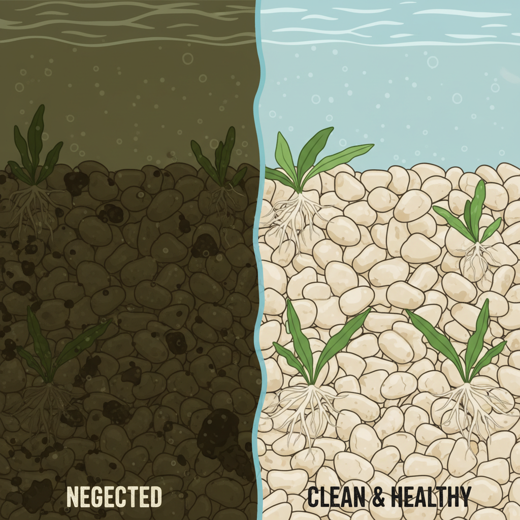 A detailed flat illustration showing the stark contrast between a neglected and a clean aquarium gravel bed. On one side, show dark, mucky gravel with visible detritus, uneaten food, and cloudy water. On the other side, depict bright, clean gravel with healthy plant roots and clear water, emphasizing the impact of cleaning.