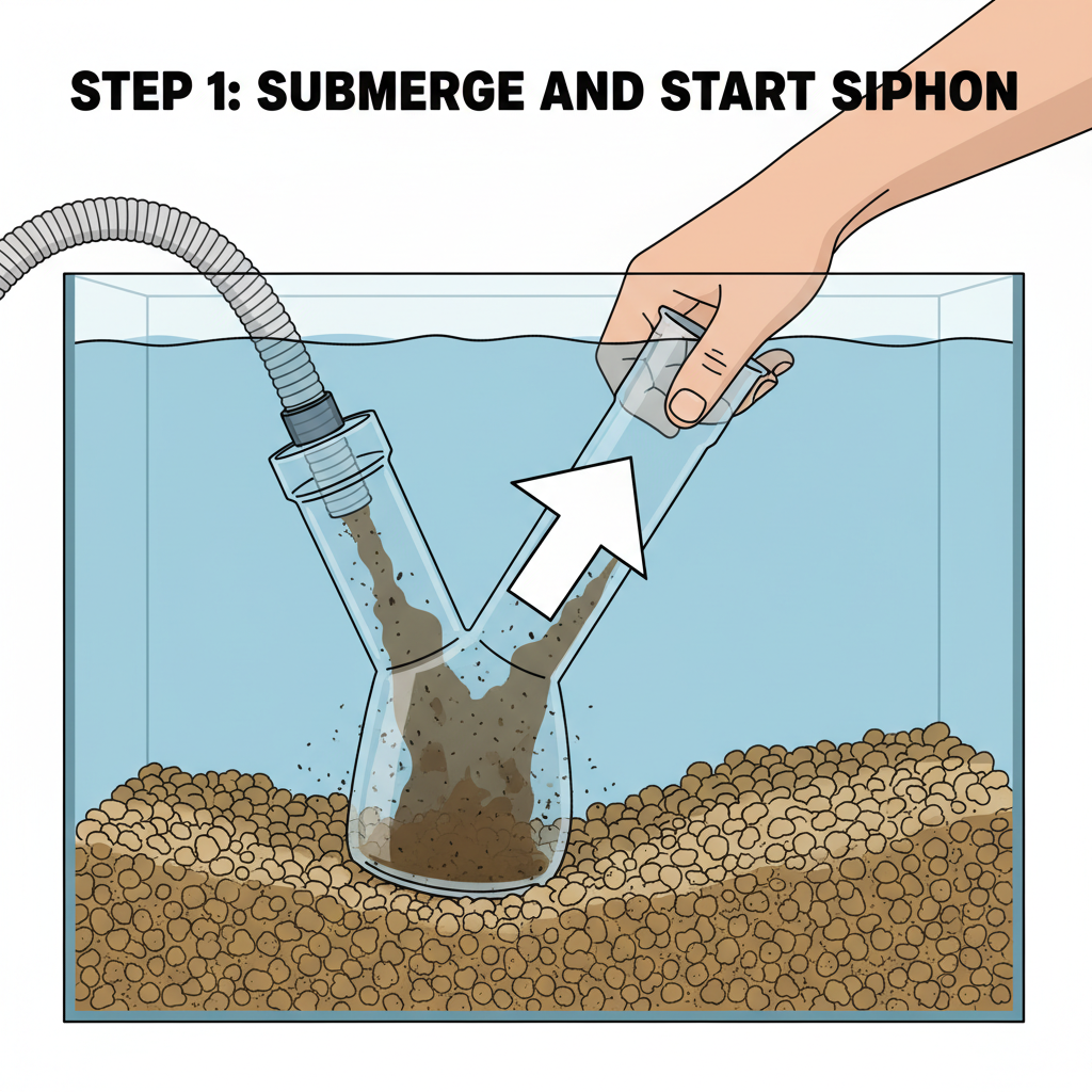 A step-by-step diagram or a series of small illustrations demonstrating the use of a gravel vacuum cleaner. Show a hand holding the cleaner, drawing water and debris from the gravel without disturbing the substrate too much. Include clear indications of the dirty water being siphoned out, contrasting with the cleaned gravel left behind. The style should be clean and instructional.