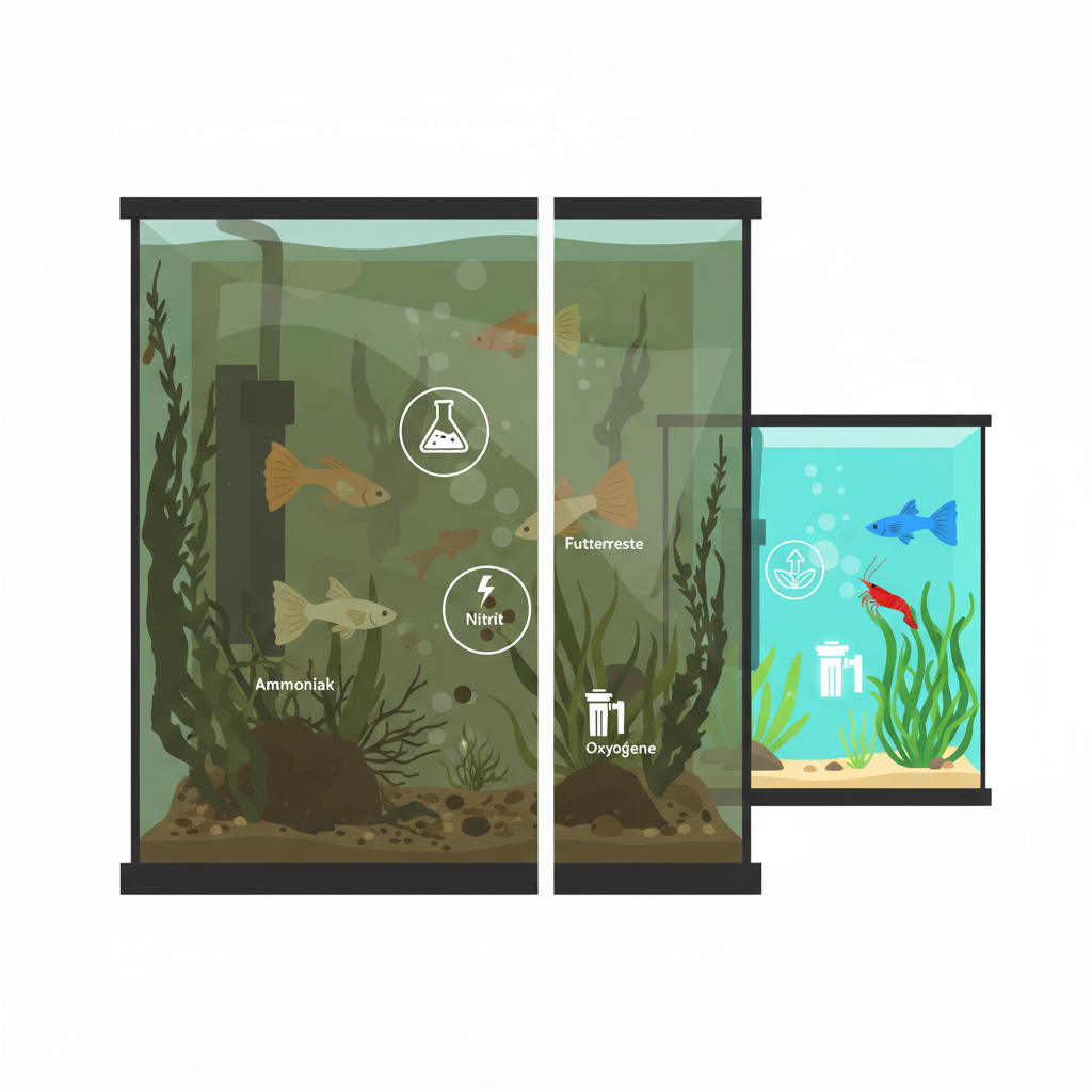 A detailed infographic-style illustration depicting the harmful effects of a neglected aquarium. On one side, show a murky, green-tinted tank with distressed fish, excessive algae on the glass, and visible debris. Use icons or small labels to represent 'Ammoniak', 'Nitrit', and 'Futterreste'. On the other side, contrast it with a smaller, clean section hinting at a healthy environment. Use a clean, modern aesthetic with clear distinction between good and bad.