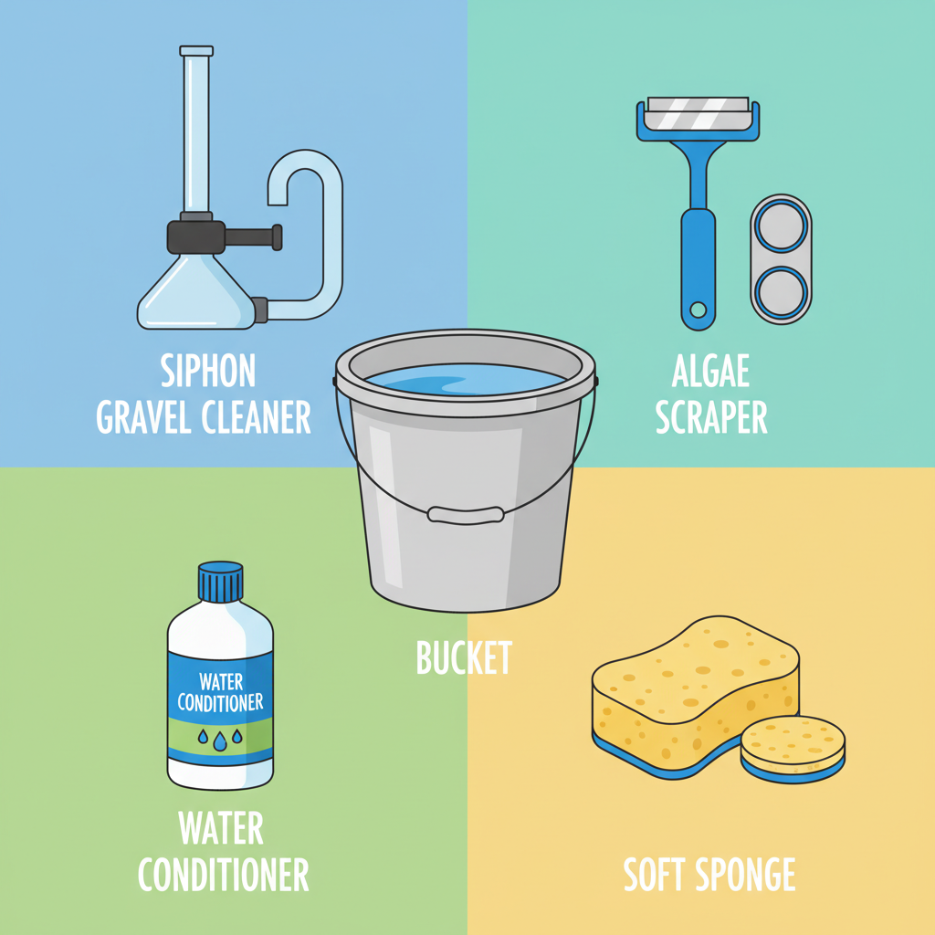 A multi-panel flat illustration showing the essential tools for aquarium cleaning. Each tool is depicted neatly arranged and clearly identifiable: a siphon gravel cleaner, an algae scraper (magnets or blade type), a bucket, a water conditioner bottle, and a soft sponge. Use a bright, friendly color palette. The overall composition should be clean and organized, indicating preparedness.