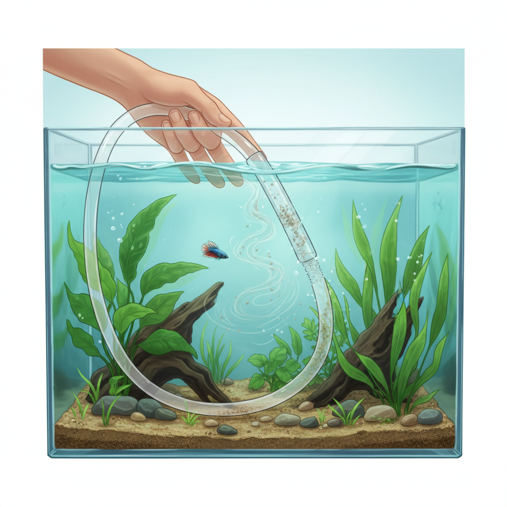 A dynamic action shot, conceptual illustration of a hand gently performing a water change in an aquarium using a siphon hose leading to a bucket. The water in the aquarium is clear, but subtle hints of sediment being removed are visible through the siphon. The hand is carefully navigating around healthy aquatic plants. The scene conveys a sense of careful maintenance and routine, with an emphasis on preserving the aquatic ecosystem.