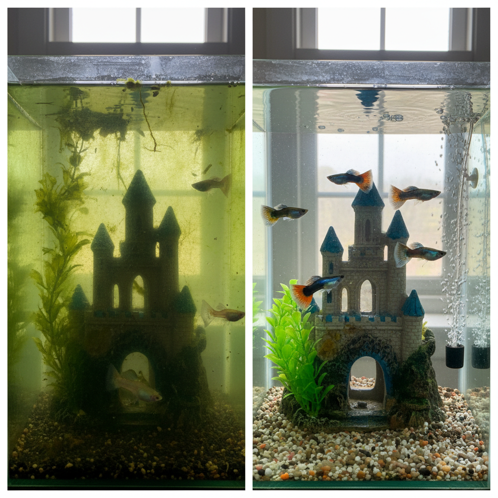 A visually striking split-screen or side-by-side comparison. On the left, a neglected aquarium with murky, greenish water, visible algae clinging to the glass, dull and cloudy decorations, and fish appearing somewhat listless. On the right, the same aquarium transformed: crystal-clear, sparkling water, pristine glass, vibrant and clean decorations, and lively, healthy fish swimming actively. The contrast should clearly emphasize the dramatic aesthetic and health benefits of cleaning. Use a professional photo style with bright, natural lighting.