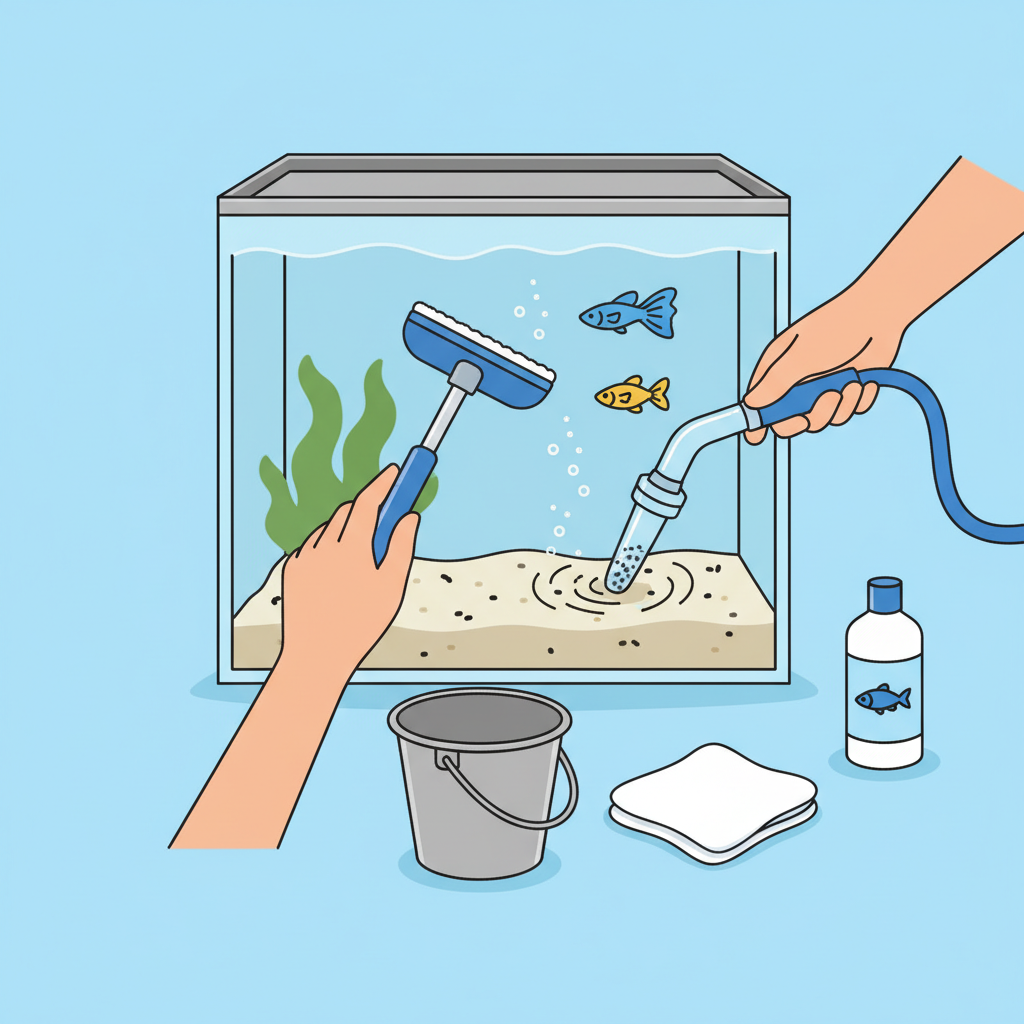 A close-up, top-down view of a pair of hands in action, gently performing routine aquarium maintenance. One hand holds an algae scraper, meticulously cleaning a patch of glass on the inside of the aquarium. The other hand operates a gravel vacuum, carefully siphoning detritus from the substrate in a corner. Surrounding the aquarium are a few essential, neatly arranged cleaning tools: a clean bucket, a soft cloth, and a bottle of water conditioner. The scene should convey a sense of careful, precise work. Use a bright, detailed flat illustration style with clean lines and a friendly color palette.