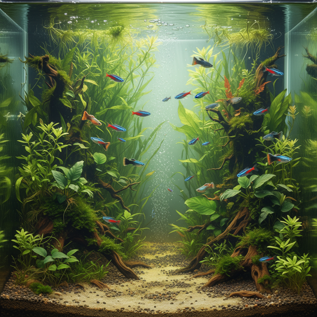 A serene and vibrant underwater scene inside a perfectly maintained freshwater aquarium. The water is exceptionally clear, allowing for sharp focus on all elements. Lush, healthy green aquatic plants form a dense, natural backdrop. Several colorful tropical fish, such as neon tetras or guppies, swim gracefully and actively through the pristine water. Gentle light filters down from the surface, creating natural highlights and shadows, emphasizing the depth and clarity of the water. The overall impression should be one of tranquility and thriving life. Use a highly detailed, realistic digital painting style with rich colors.