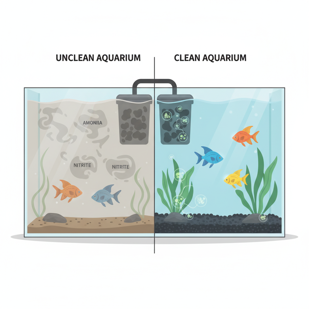 An infographic-style illustration depicting the invisible aspects of aquarium health. The image should be divided into two conceptual zones: one representing an unclean aquarium and the other a clean one. In the 'unclean' zone, the water appears slightly cloudy with subtle, swirling, abstract patterns of muted colors, symbolizing unseen toxins and waste products. Fish in this zone might look a bit faded. In the 'clean' zone, the water is perfectly transparent, and small, abstract representations of beneficial bacteria (e.g., tiny, swirling energy patterns or simple circular icons) are subtly integrated into the filter and substrate areas. Fish in this zone are vibrant and active. The overall visual communicates the healthy biological balance. Use a clean, modern vector art style with a clear distinction between the two states.