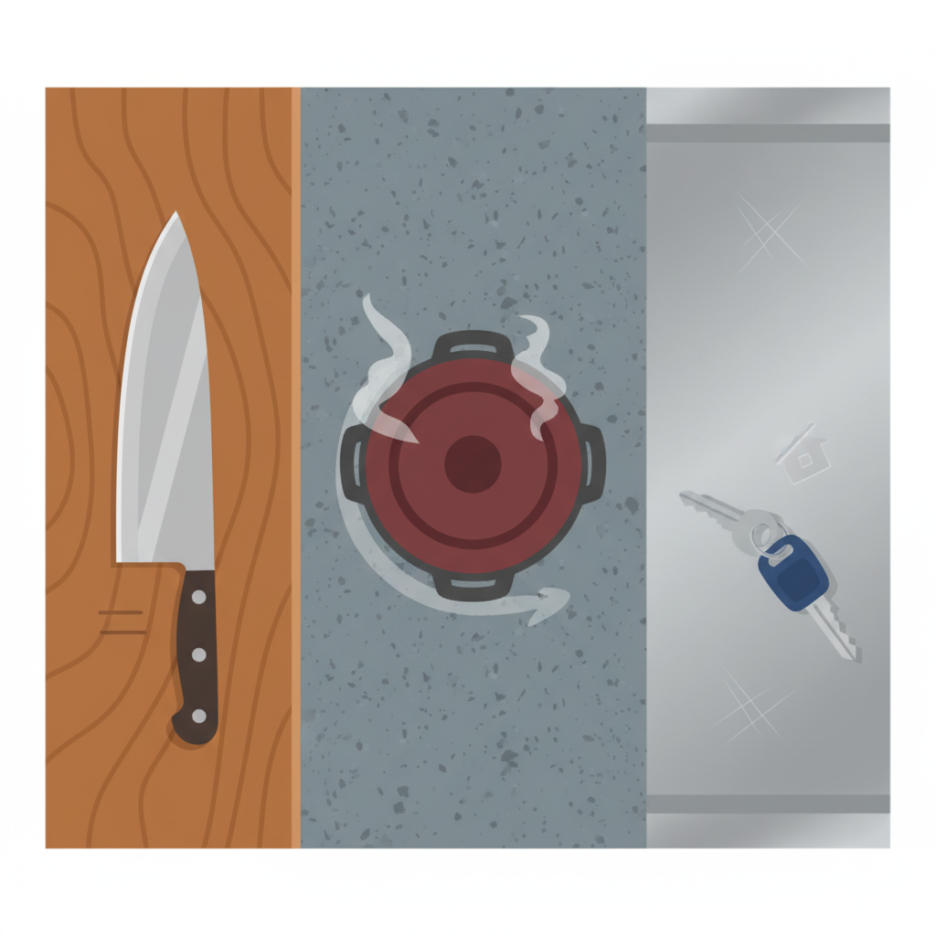 A vibrant flat illustration depicting a kitchen countertop sectioned into different materials: a wooden block, a granite slab, and a stainless steel area. On the wooden part, a chef's knife is shown directly contacting the surface, implying cutting without a board. On the granite, a hot pot's base is depicted sliding, leaving a faint trail. Keys are resting on the stainless steel section. Subtle, thin lines or minor scuffs are visible near these objects, visually representing typical scratch causes. The overall image is clean, brightly lit, and uses a limited, inviting color palette.