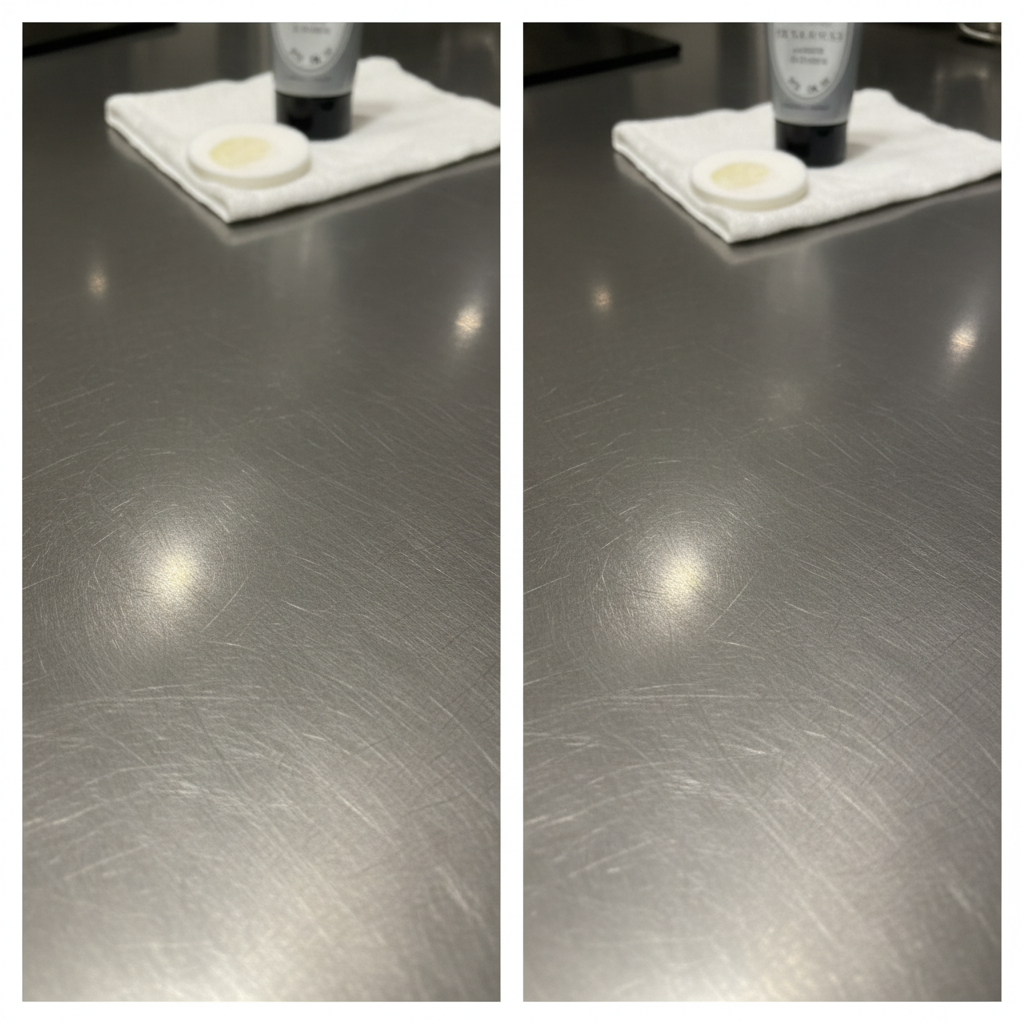 A professional, high-definition close-up photo of a kitchen countertop. The image is split conceptually into two halves, depicting a 'before and after' scenario for scratch removal. On the left side, a visible, light scratch mars the surface of a polished dark wood or stainless steel counter. On the right side, the same material appears pristine and flawlessly smooth, reflecting light without any blemishes. A small, clean applicator pad or a tube of polishing compound (without any brand labels) is subtly blurred in the foreground or background, hinting at the restoration process.