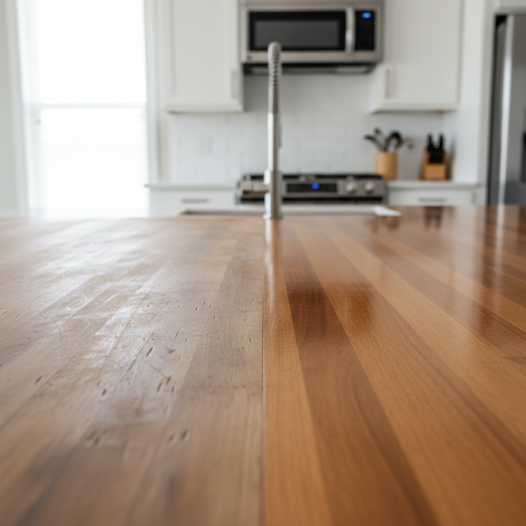 A professional photo of a kitchen countertop, split visually into two distinct sections. The left section features a worn, wooden countertop surface with several clearly visible, superficial scratches and minor scuffs. The right section displays the identical type of wooden countertop, now perfectly smooth, clean, and polished, appearing completely restored and pristine. The lighting is bright and natural, effectively highlighting the stark contrast in surface texture and sheen between the damaged and repaired areas. The background subtly depicts a modern kitchen environment, blurred to keep focus on the countertop.
