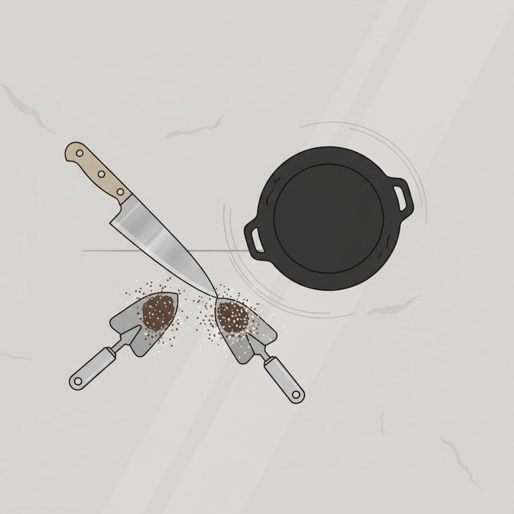 A clean, modern flat illustration depicting a top-down view of a generic, neutral-colored kitchen countertop. Various common household items are subtly positioned as potential sources of scratches: a sharp chef's knife blade, the rough bottom of a heavy cast-iron pot, a small scattering of gritty dirt or sand, and a small metal hand tool. Each item is arranged as if it has just caused or is about to cause a scratch. The illustration uses a simple, crisp style with a harmonious, limited color palette, suitable for an infographic.