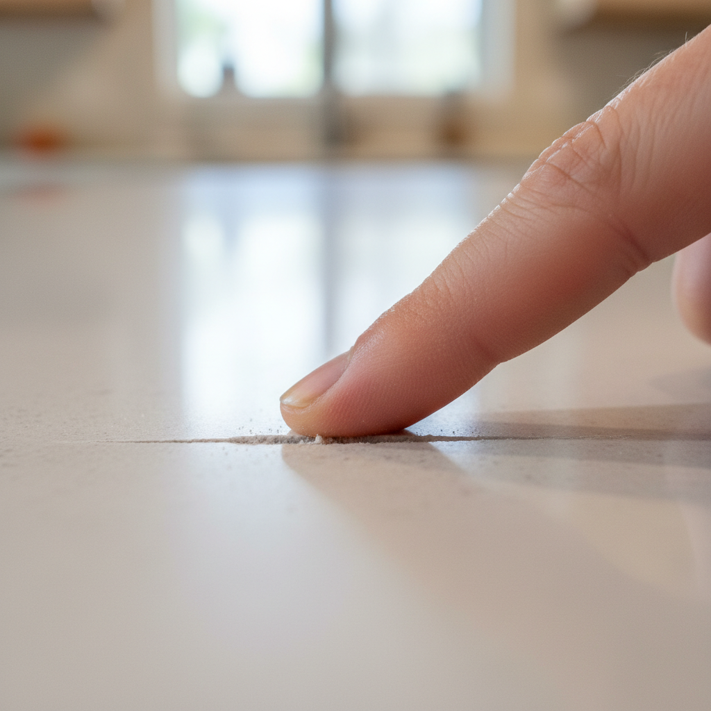 A detailed macro photo capturing a person's finger and fingernail gently tracing across a light-colored countertop surface that features a visible scratch. The image sharply focuses on the precise moment the fingernail either glides smoothly over a very superficial scratch or subtly catches on the distinct edge of a deeper groove. The shallow depth of field ensures the background is softly blurred, directing all attention to the finger, fingernail, and the intricate detail of the scratch on the surface. Lighting is bright and even.