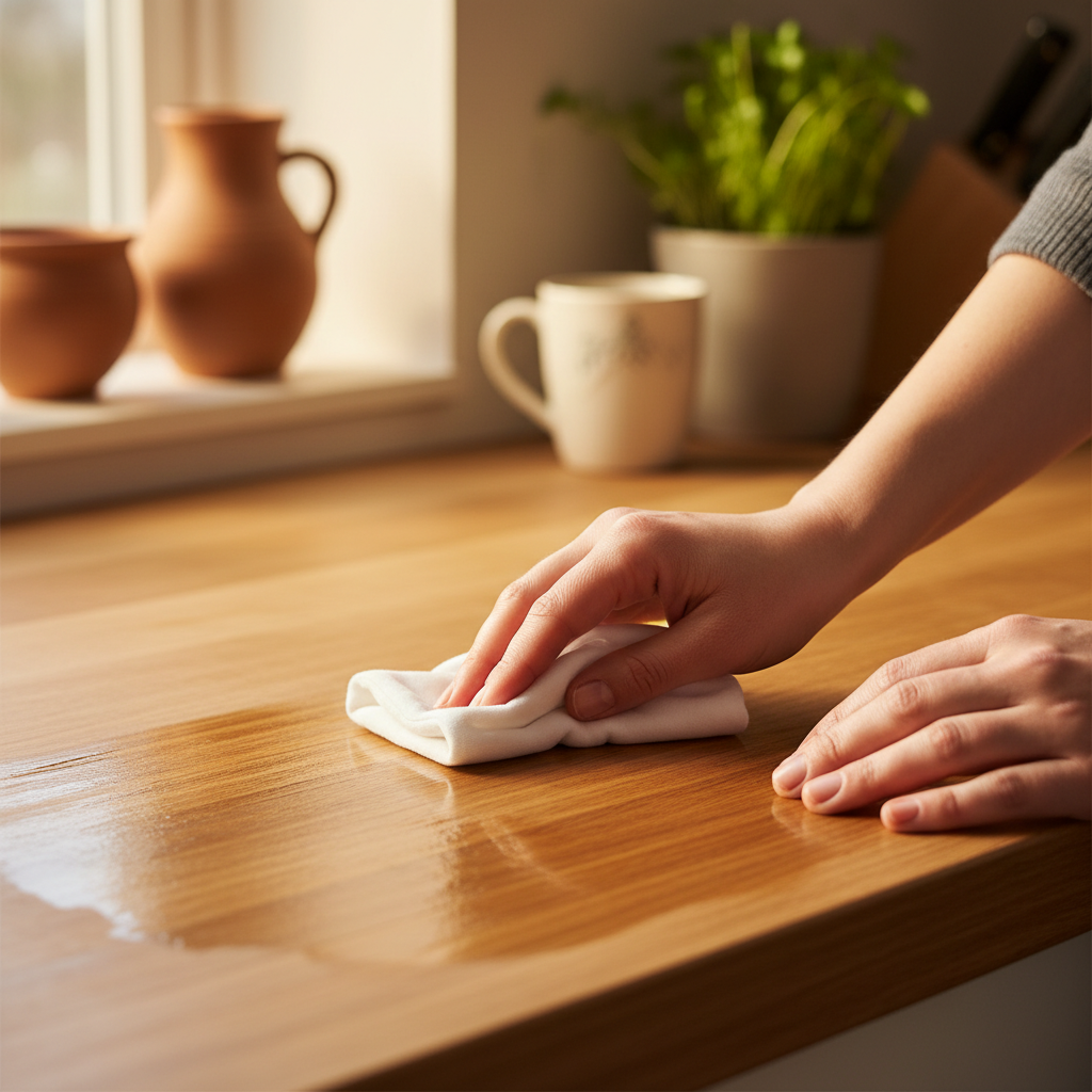 A warm, inviting professional photo, captured in close-up, showcasing a pair of hands engaged in the repair process. The hands are gently applying wood oil to a specific section of a natural wooden kitchen countertop using a soft cloth or an applicator pad. The treated area of the wood visibly appears richer in color and more lustrous, creating a pleasing contrast with a slightly duller, untreated section nearby. Natural light softly illuminates the scene, emphasizing the intricate wood grain and the texture of the cloth, all set against a subtly blurred, cozy kitchen background.
