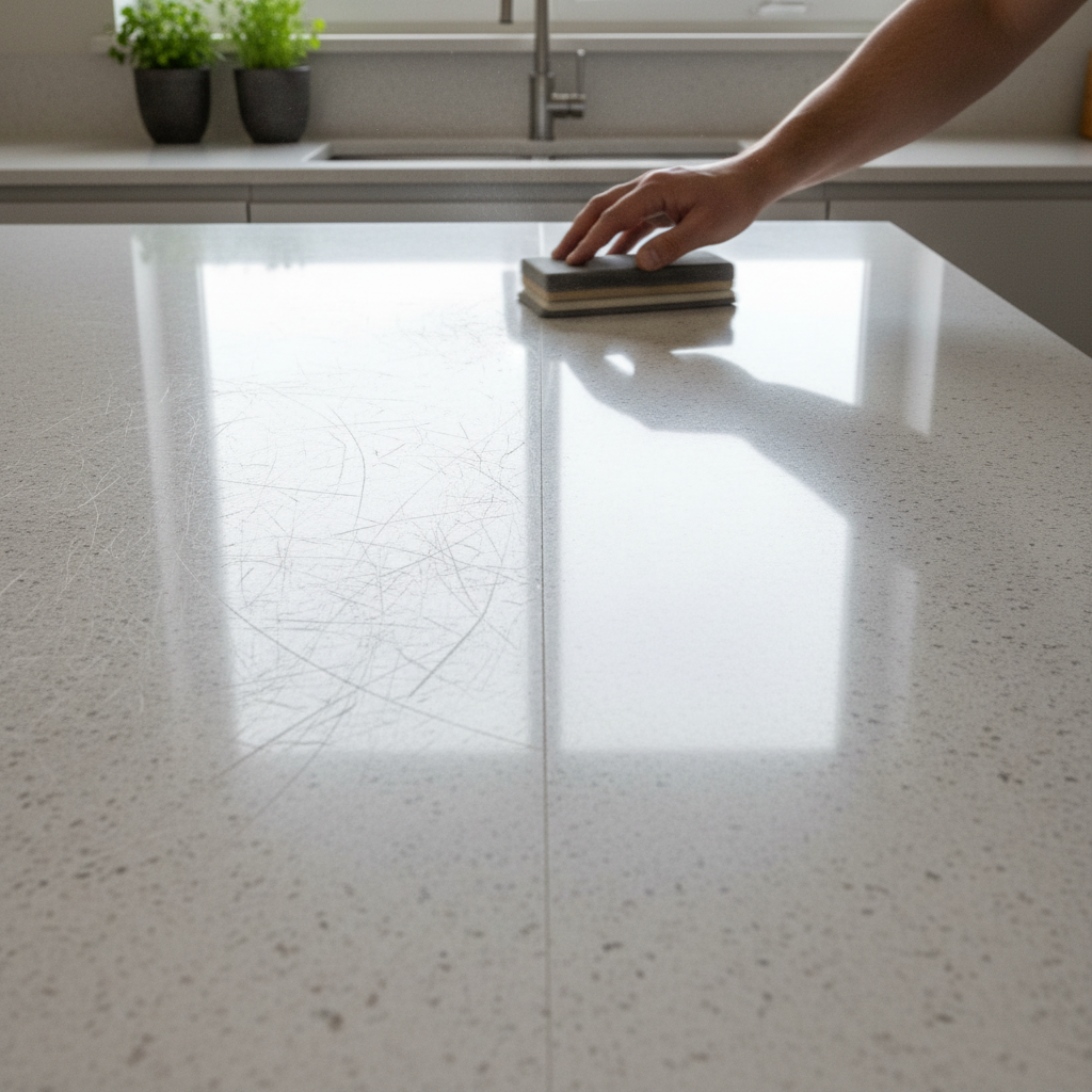 A high-angle, professional photo capturing a section of a modern kitchen countertop. One half of the surface shows distinct signs of wear, such as fine scratches and a dull finish, while the other half gleams, appearing perfectly repaired and polished. A skilled hand, slightly blurred, is visible in the background, holding a sanding block or polishing tool over the transition line, symbolizing the ongoing restoration process.