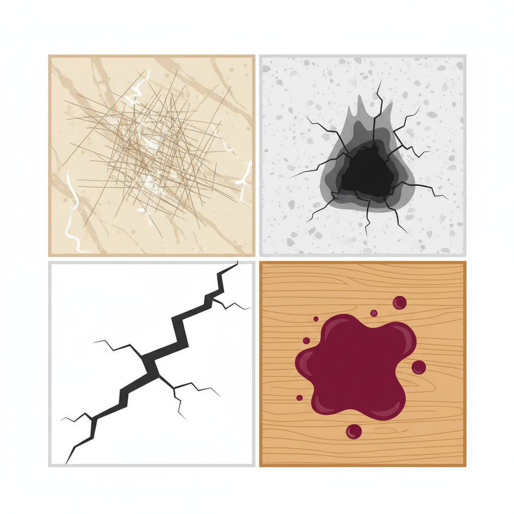An infographic-style illustration depicting a rectangular kitchen countertop surface divided into four distinct quadrants. Each quadrant visually represents a common type of damage: one shows multiple fine scratches, another has a prominent dark burn mark, a third features a visible crack extending across the surface, and the fourth displays a vibrant, spilled liquid stain like red wine or coffee, highlighting the different issues discussed.