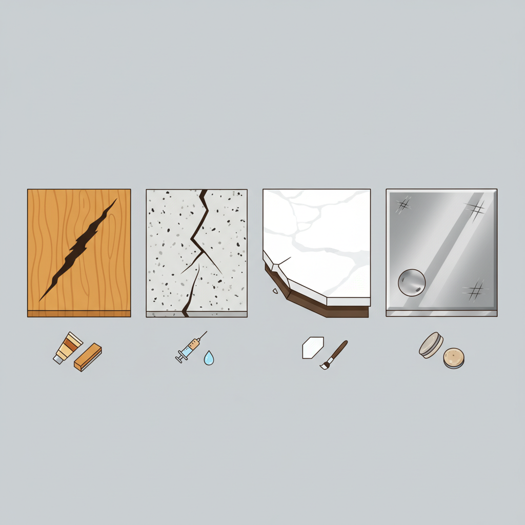 A detailed illustration showcasing four different countertop materials side-by-side: a warm wooden surface, a sleek granite slab, a modern laminate segment, and a brushed stainless steel piece. Each material should exhibit a characteristic type of damage it's prone to: a deep gouge in the wood, a chipped corner on the laminate, a thin crack on the granite, and a scuff or dent on the stainless steel, emphasizing material-specific repairs.