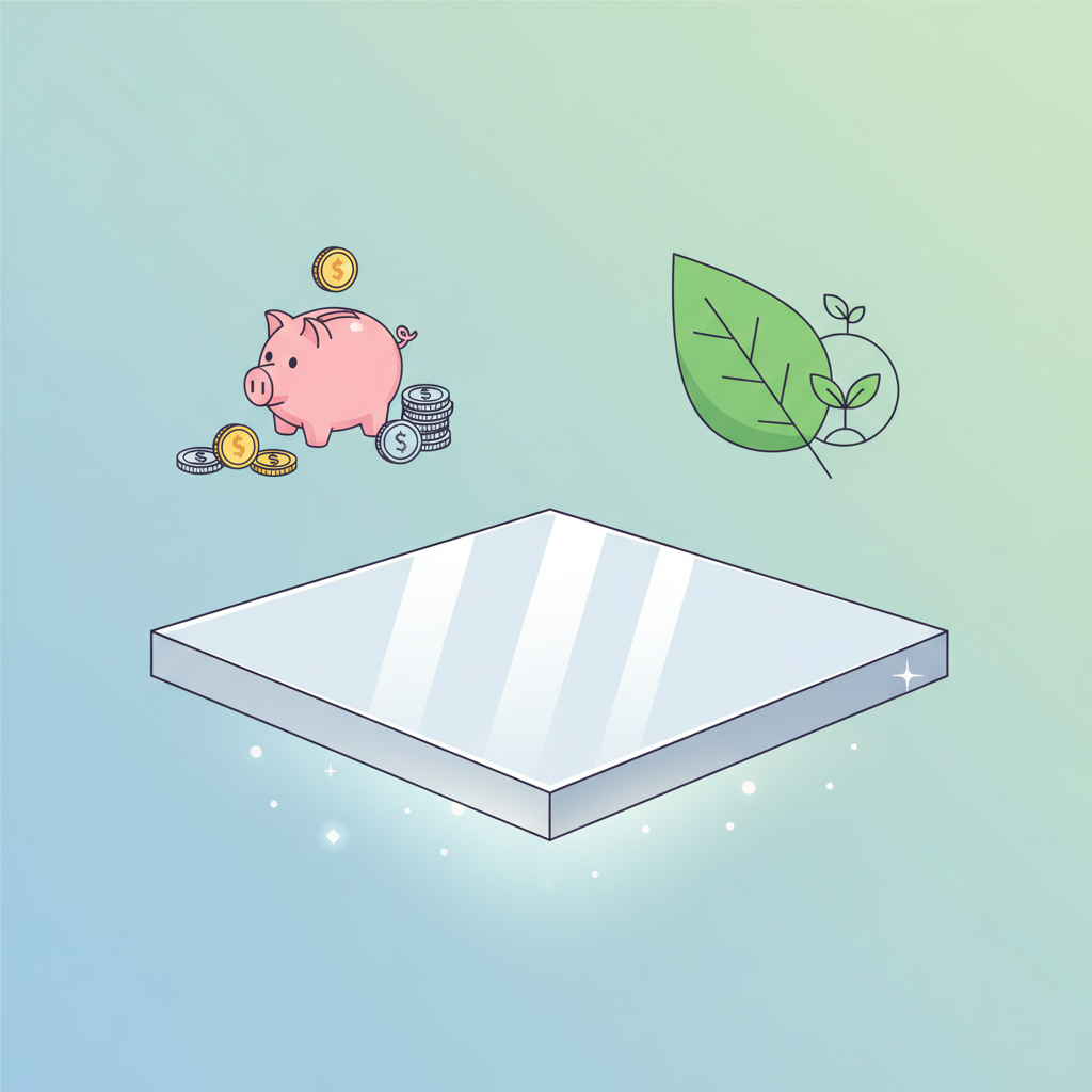 An abstract, clean flat illustration symbolizing the benefits of countertop repair. In the foreground, a beautifully restored, pristine countertop section. Around it, three visual elements are subtly integrated: a stylized piggy bank overflowing with coins representing economic savings, a healthy green leaf or small plant symbolizing environmental sustainability, and a shimmering, reflective quality on the countertop itself, denoting aesthetic improvement and renewed appeal.