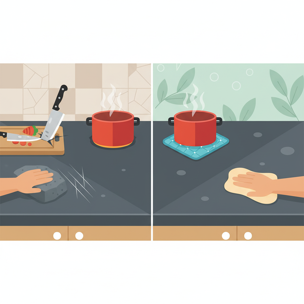 A vibrant, split-frame flat illustration depicting kitchen countertop care. On the left side, a sleek countertop is shown being damaged: a chef's knife directly cuts into the surface, a hot pot sits unprotected, and a heavy object is being dragged, leaving a visible scratch. On the right side, the same countertop is protected: a cutting board is in use under a knife, a pot holder cushions a hot pot, and a soft cloth is gently wiping the surface. The scene is clean and modern, emphasizing prevention.