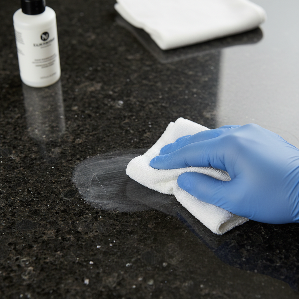 A professional close-up photograph focusing on the repair of a fine scratch on a dark, polished granite kitchen countertop. A hand, holding a soft, lint-free cloth, is actively buffing a specific area where a faint scratch is visible, applying a specialized polishing compound. The light subtly highlights the smooth texture of the granite and the diminishing scratch, conveying a sense of restoration. In the background, slightly out of focus, a small container of granite polish and another clean cloth are subtly present.