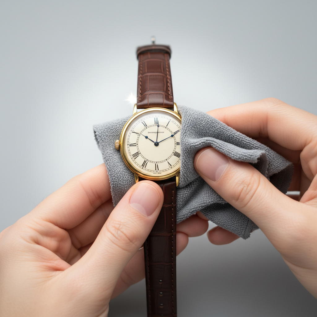 A professional, high-angle close-up photograph of elegant hands gently polishing the face of a classic wristwatch with a soft, lint-free cloth. The watch face, slightly blurred to emphasize the hands' action, shows a subtle sheen returning as if scratches are being worked away. The background is clean and minimalistic, perhaps a soft, diffused light creating a gentle glow on the watch. Focus on the delicate nature of the task and the potential for restoration. The watch itself is timeless, not overly modern or ornate.