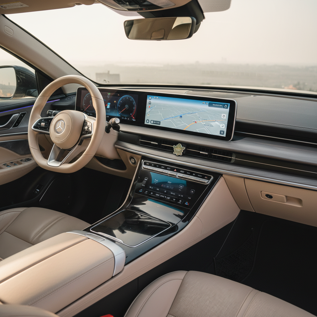 A professional photo of a gleaming, spotless car dashboard bathed in soft sunlight, showcasing various cleaned elements like the navigation screen, air vents, and steering wheel. A fresh, almost new car smell is subtly suggested through the pristine appearance. The focus is on the inviting and well-maintained interior, emphasizing the 'gleaming like new' aspect.